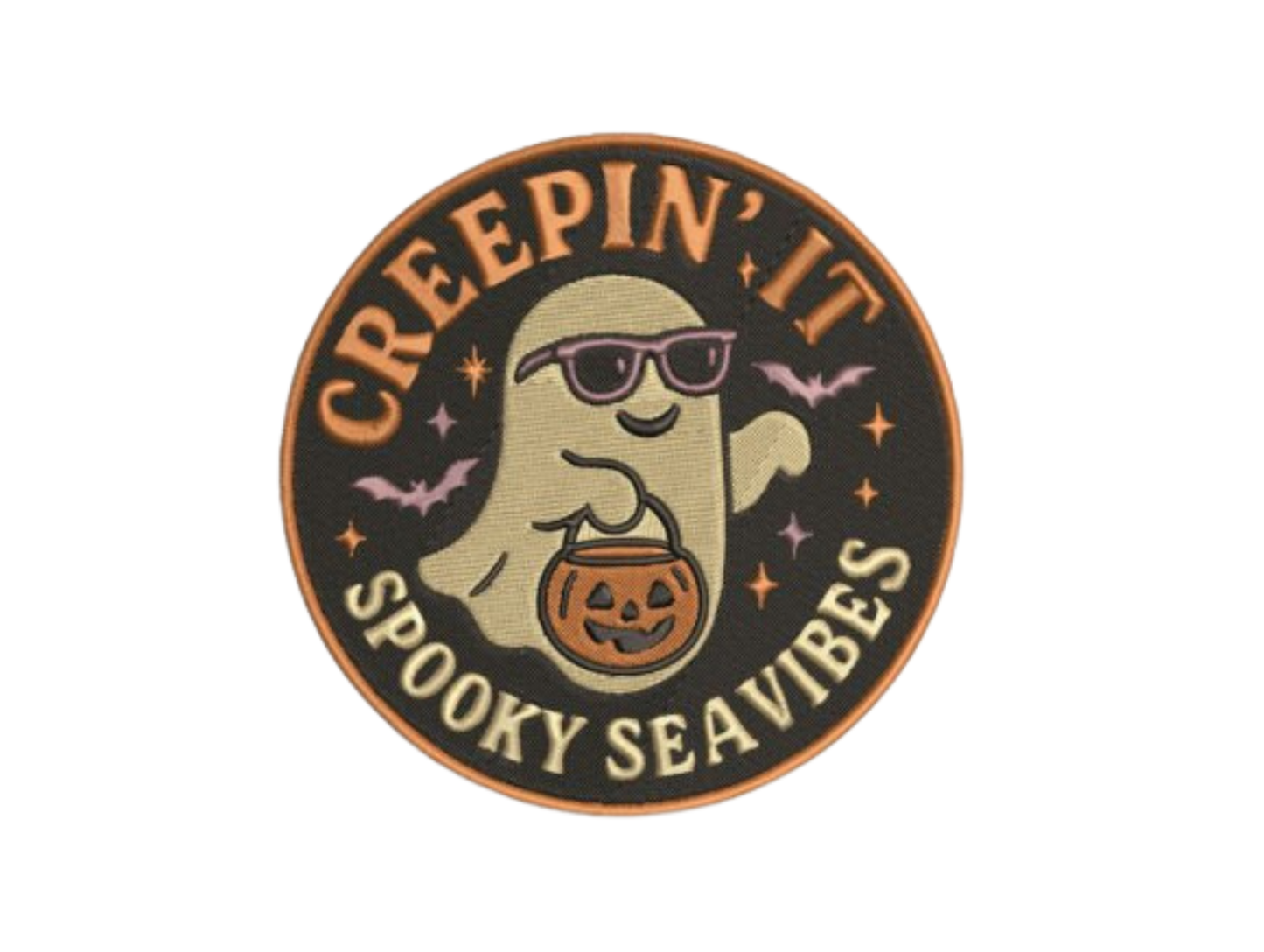 Creepin' It Spooky Sea Vibes” Embroidered Patch – Ghost, Bats & Pumpkin Iron-On / Sew-On