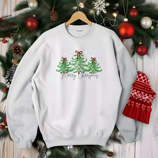 Merry Christmas Triple Tree Sweatshirt – Cozy Holiday Crewneck