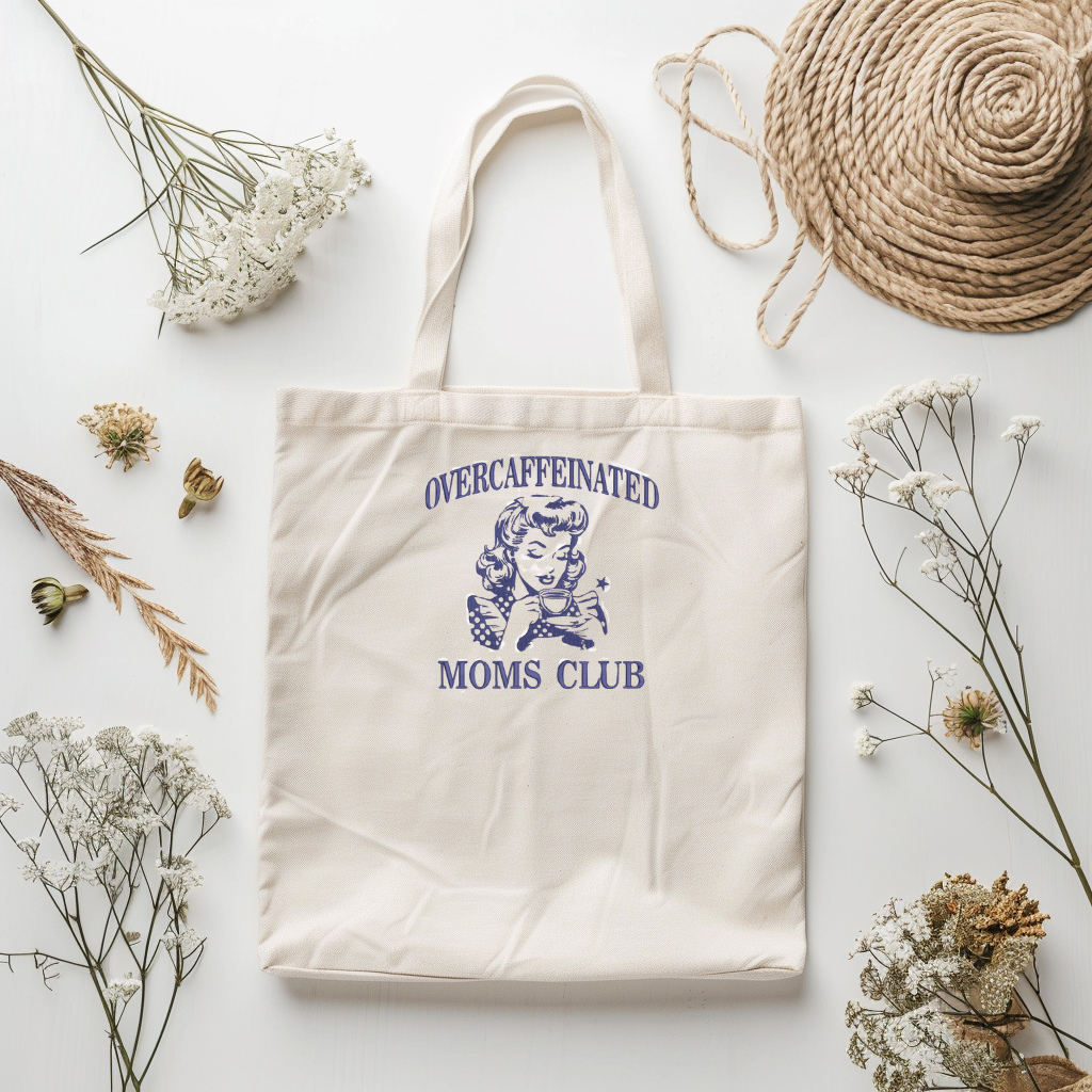 “Overcaffeinated Moms Club” Embroidered Tote Bag