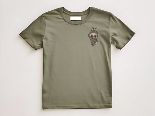 🎧 "Labubu Vibes" Embroidered Pocket Tee – Chill Creature with Headphones