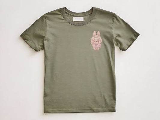 💗 "Sweetheart Labubu" Embroidered Pocket Tee – Pink Cutie with a Heart