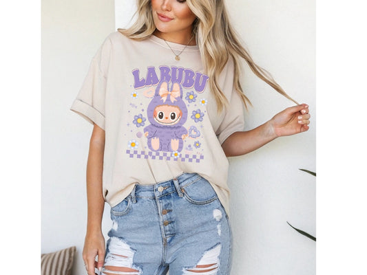 🌸 "Lavender Labubu Bloom" DTV Tee – Full Front Pastel Print
