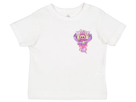 💐 "Bouquet Bunny Labubu" Kids Tee – Floral Pocket-Style DTV Print