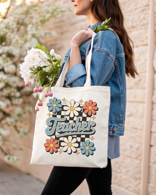 🌼 Retro Floral “Teacher” Tote Bag